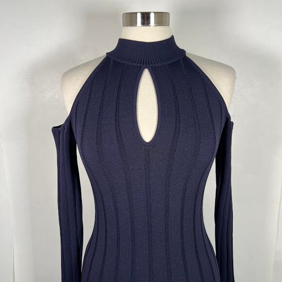 Jonathan Simkhai Keyhole Mock Neck Mini Dress XS Navy Blue Cold Shoulder Knit - Picture 3 of 8
